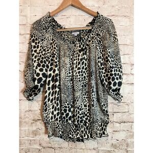 Agora Top Women Petite Large Black & Tan Satin Cheetah Leopard Print Puff Sleeve